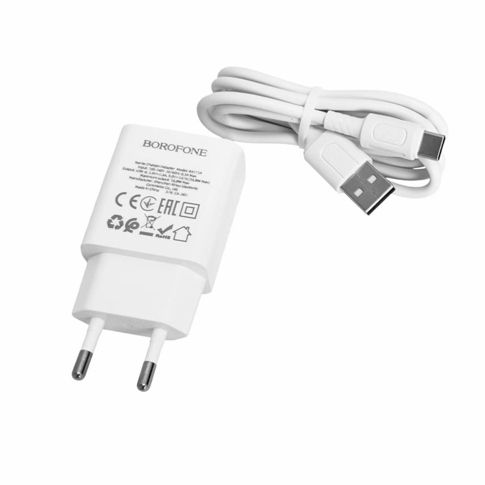 Сетевое зар. устр. Borofone BA111A с шнуром Type-C 1USB 15W EU белое