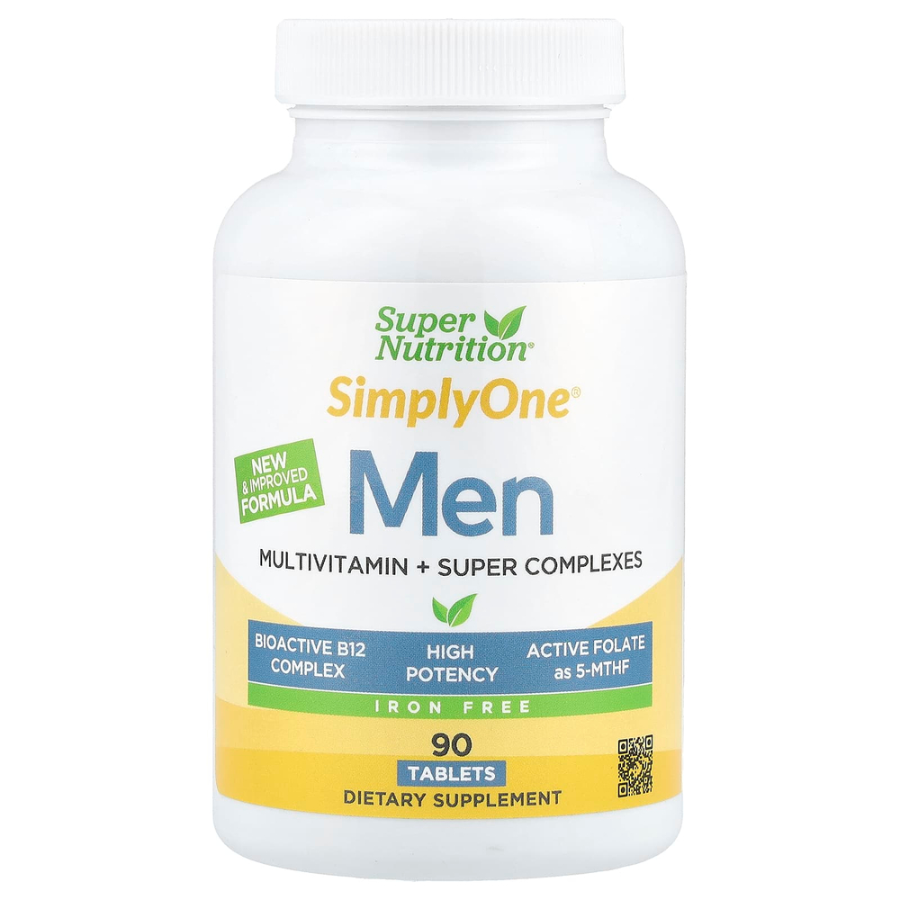 Super Nutrition, SimplyOne®, мультивитамины для мужчин, с комплексом суперадаптогенов, зеленью, специями, антиоксидантами и витамином C, без железа, 90 таблеток