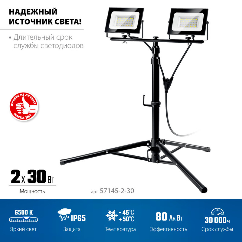ЗУБР ПСК 30х2, 2 х 30 Вт, 6500 К, IP 65, 1.6 м, светодиодные прожекторы на штативе, Профессионал (57145-2-30)