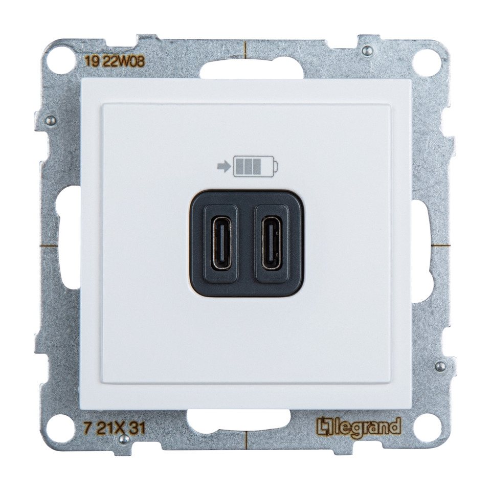 Розетка зарядное устройство USB 2 разъёма тип - С/тип - С, винтовые клеммы - Legrand SUNO - Белый
