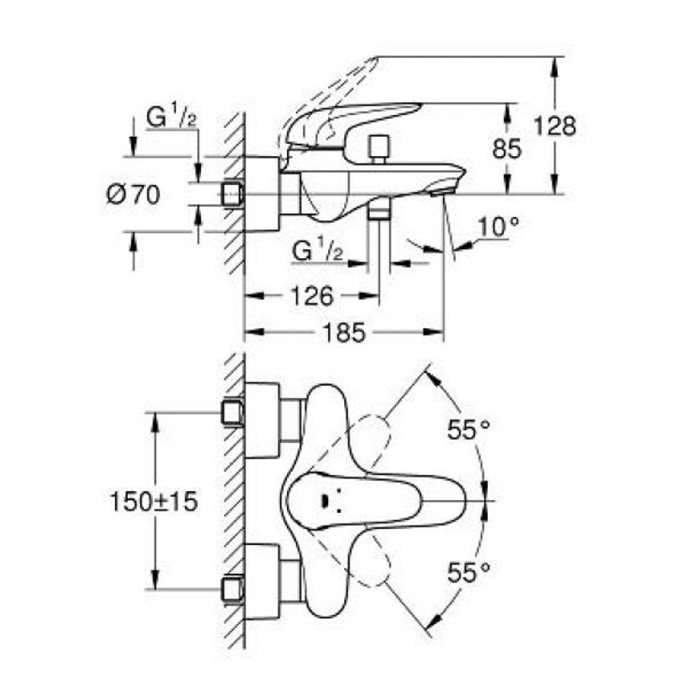 Смеситель для ванны с изливом GROHE EuroStyle, настенный монтаж, хром 23726003
