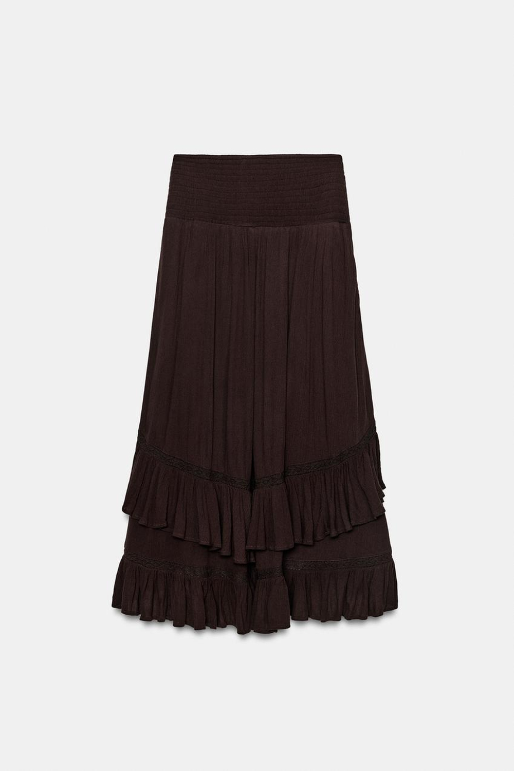 ZARA ЮБКА МИДИ С ВОЛАНАМИ, КОРИЧНЕВЫЙ