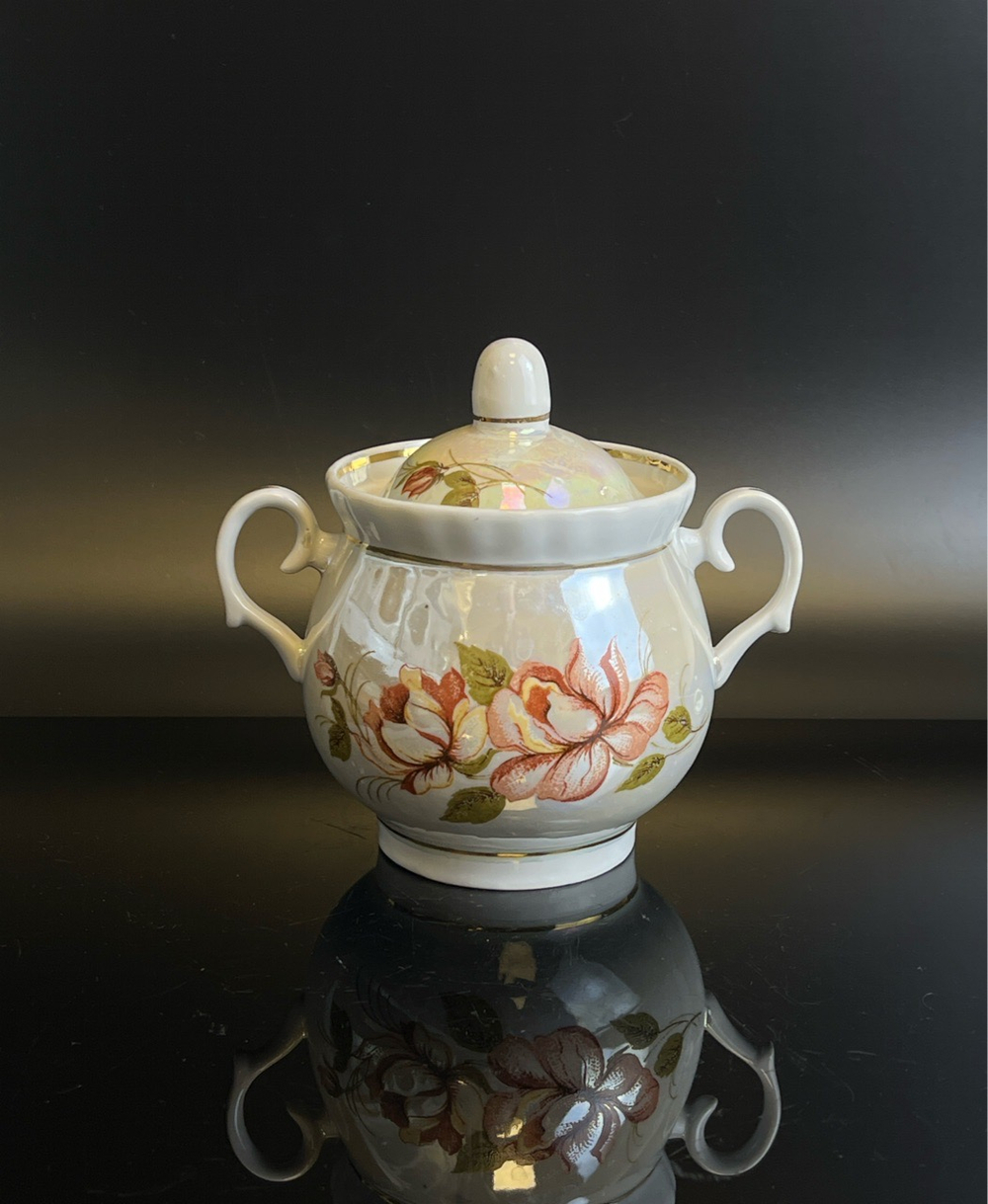 Сахарница фарфоровая с деколью цветы, золочение, люстр, Барановский ФЗ винтаж СССР 1970-1990 гг