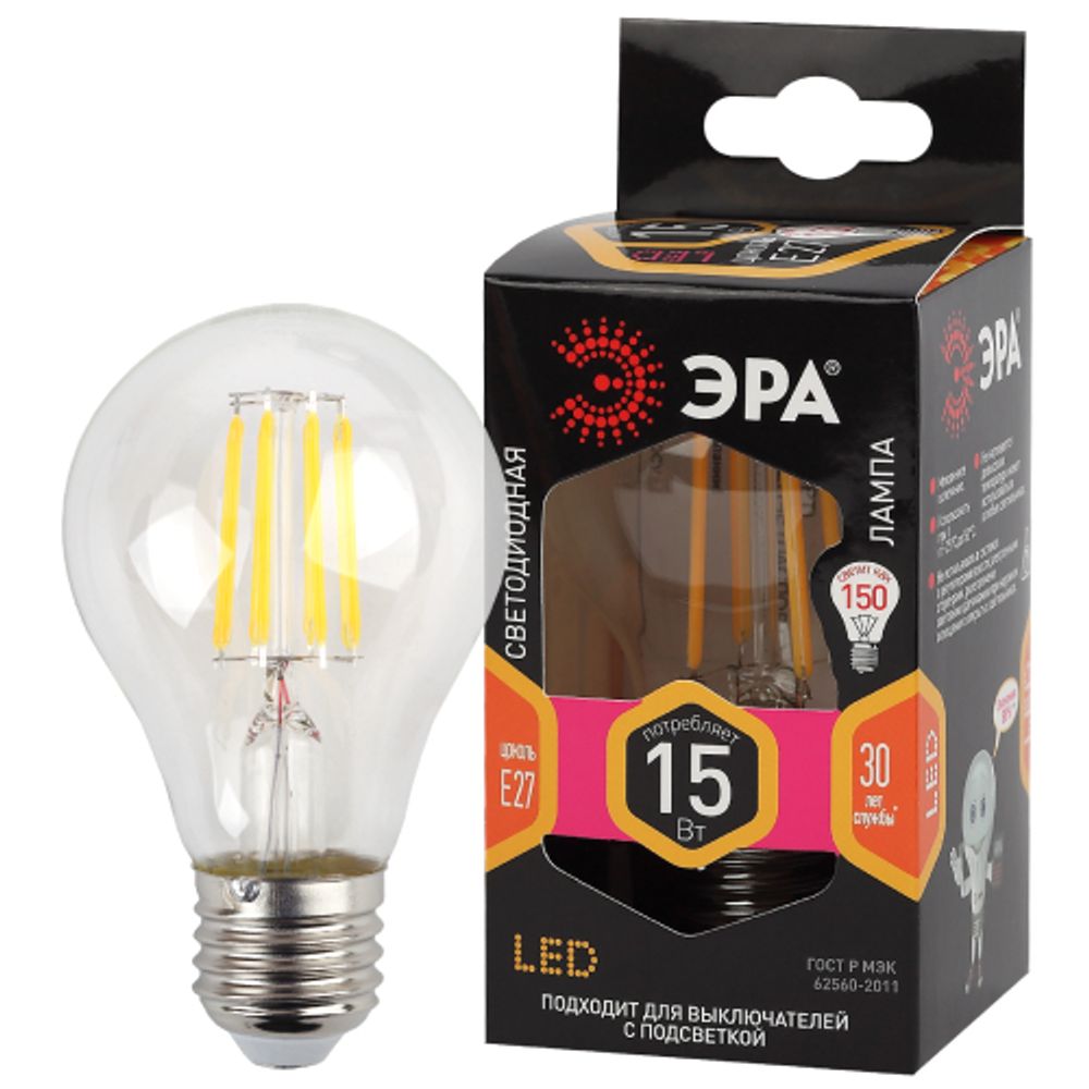 Лампа светодиодная ЭРА F-LED A60-15W-827-E27 15Вт филамент груша теплый белый свет E27 | Филаментные декоративные