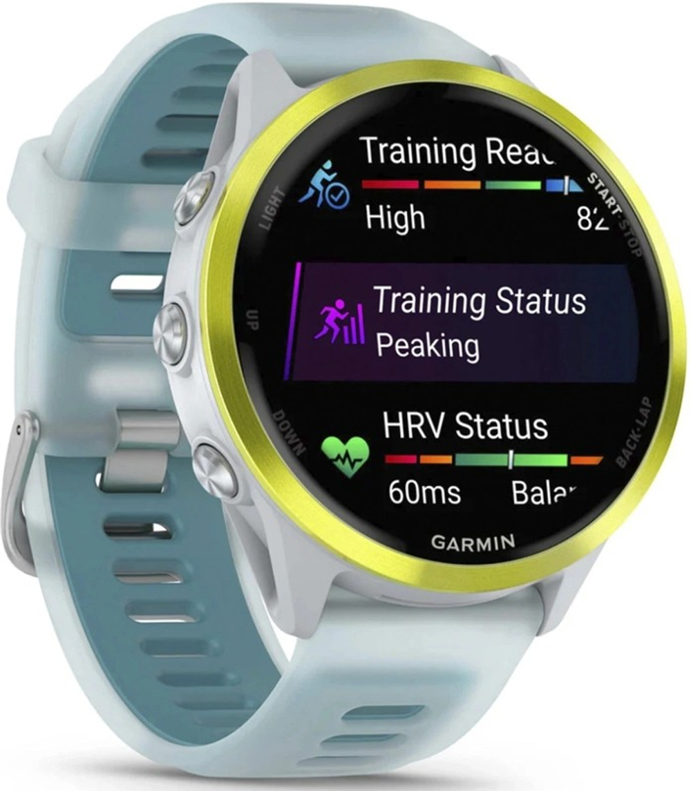 Смарт-часы Garmin Forerunner 570 47мм 1.4" AMOLED корп.золото белое рем.бирюзовый разм.брасл.:135-205мм (010-02971-01)
