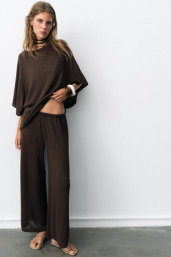 ZARA БРЮКИ ИЗ ФАКТУРНОЙ ТКАНИ С РАЗРЕЗАМИ, КОРИЧНЕВЫЙ