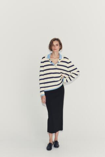 ZARA КОМБИНИРОВАННЫЙ ТРИКОТАЖНЫЙ ПОЛО В ПОЛОСКУ, ЭКРЮ/СИНИЙ