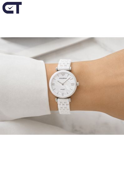 Emporio Armani AR1485 Ceramica женские наручные часы — белая керамика и лаконичный двухстрелочный дизайн