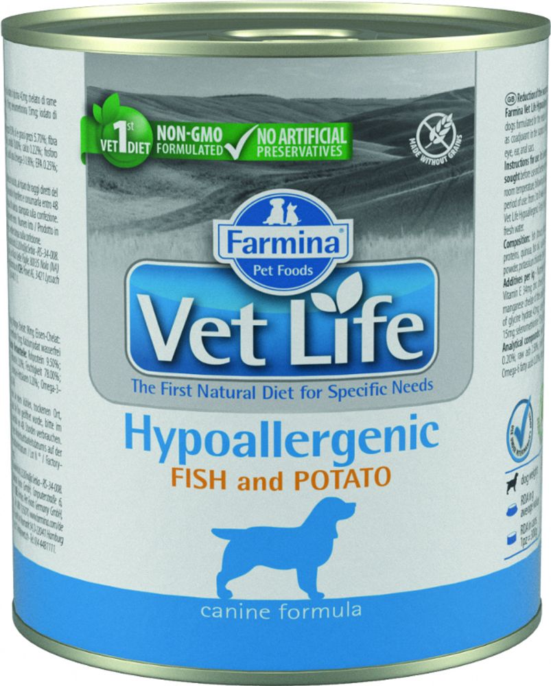 Консервы FARMINA Vet Life Hypoallergenic для взрослых собак всех пород с пищевой аллергией, рыба с картофелем - 300 гр