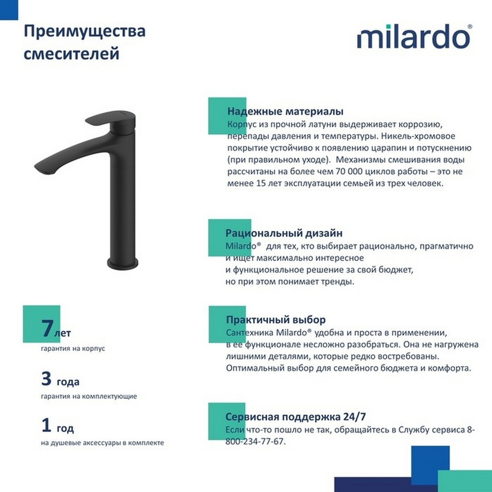 Смеситель для раковины 35к Milardo RORBL01M01 Рора (Rora) высокий пов. излив, п/гайку,ЧЕРНЫЙ матовый