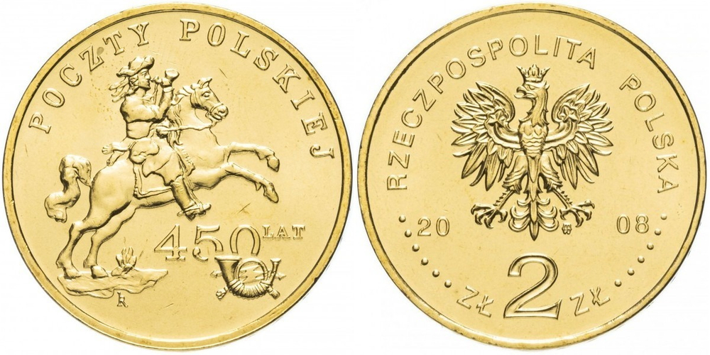 Польша 2 злотых, 2008 450 лет польской почтовой службе aUNC