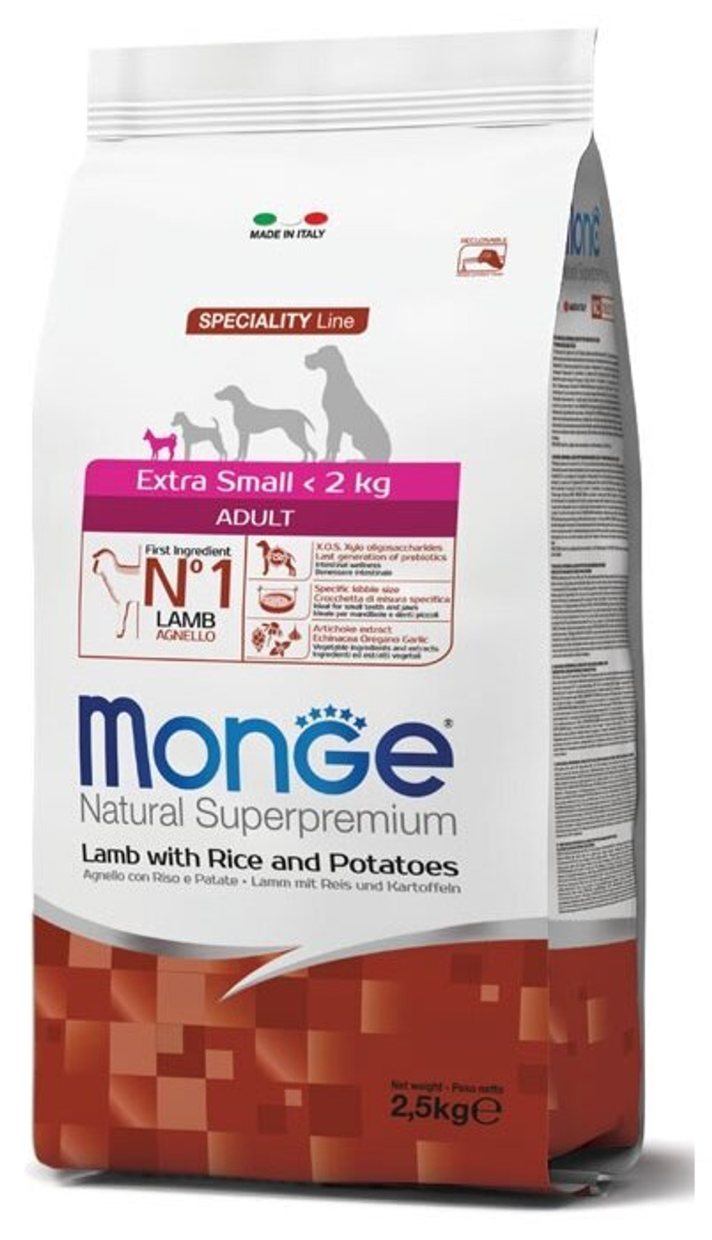 MONGE EXTRA SMAL ADULT Сухой корм для взрослых собак миниатюрных пород с баран., рис и кар., 2,5 кг.