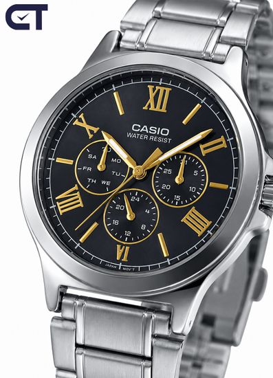 Casio MTP-V300D-1A2 General часы наручные мужские — чёрный циферблат, золотистые детали и три индикатора