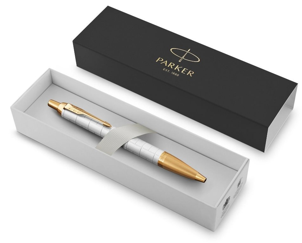 Подарочный набор: Ручка шариковая Parker IM Premium K318 Pearl GT, цвет чернил синий и белый недатированный ежедневник с золотым срезом