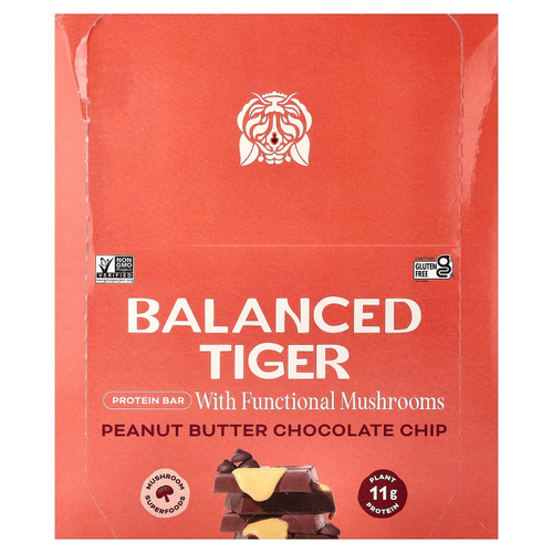 Balanced Tiger, протеиновый батончик, арахисовая паста и шоколадная крошка, 12 шт. по 44 г (1,55 унции)