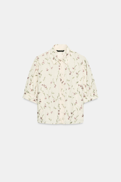 ZARA РУБАШКА С ВЫШИВКОЙ И БИСЕРОМ, ЭКРЮ/ЗЕЛЕНЫЙ