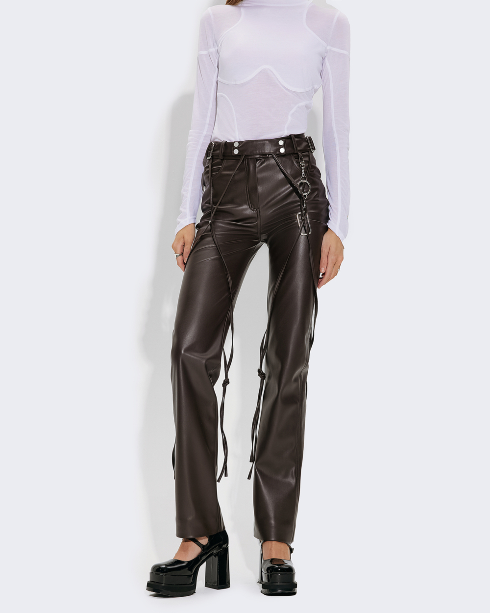 BROWN V-LEATHER TROUSERS WITH STRAPS