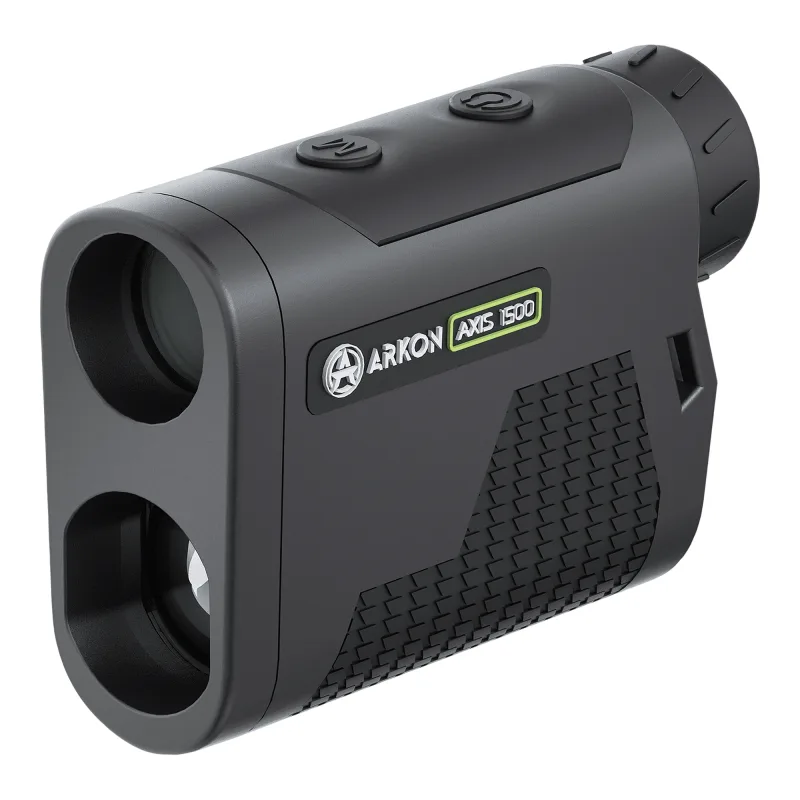 Лазерный дальномер ARKON AXIS 1500 / Аркон АКСИС 1500 - вид спереди сбоку, объективы и логотип