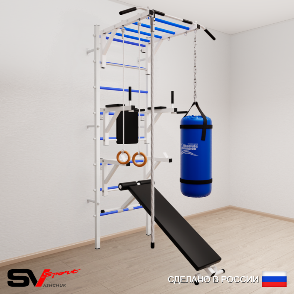 Шведская стенка Sv Sport усиленная 6643 (Турник рукоход/Брусья/Стойка/Скамья/Канат/Кольца/Цепь/Мешок 30кг)
