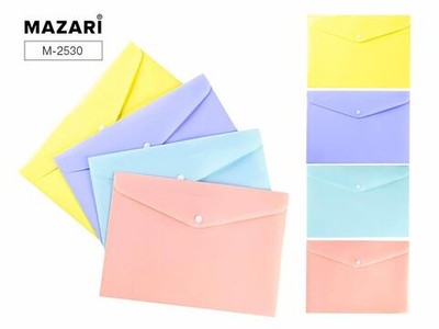 Папка-конверт на кнопке 33.5х23.5см. "Pastel" пластиковая, плотность 180мкм, 4 дизайна (Mazari)