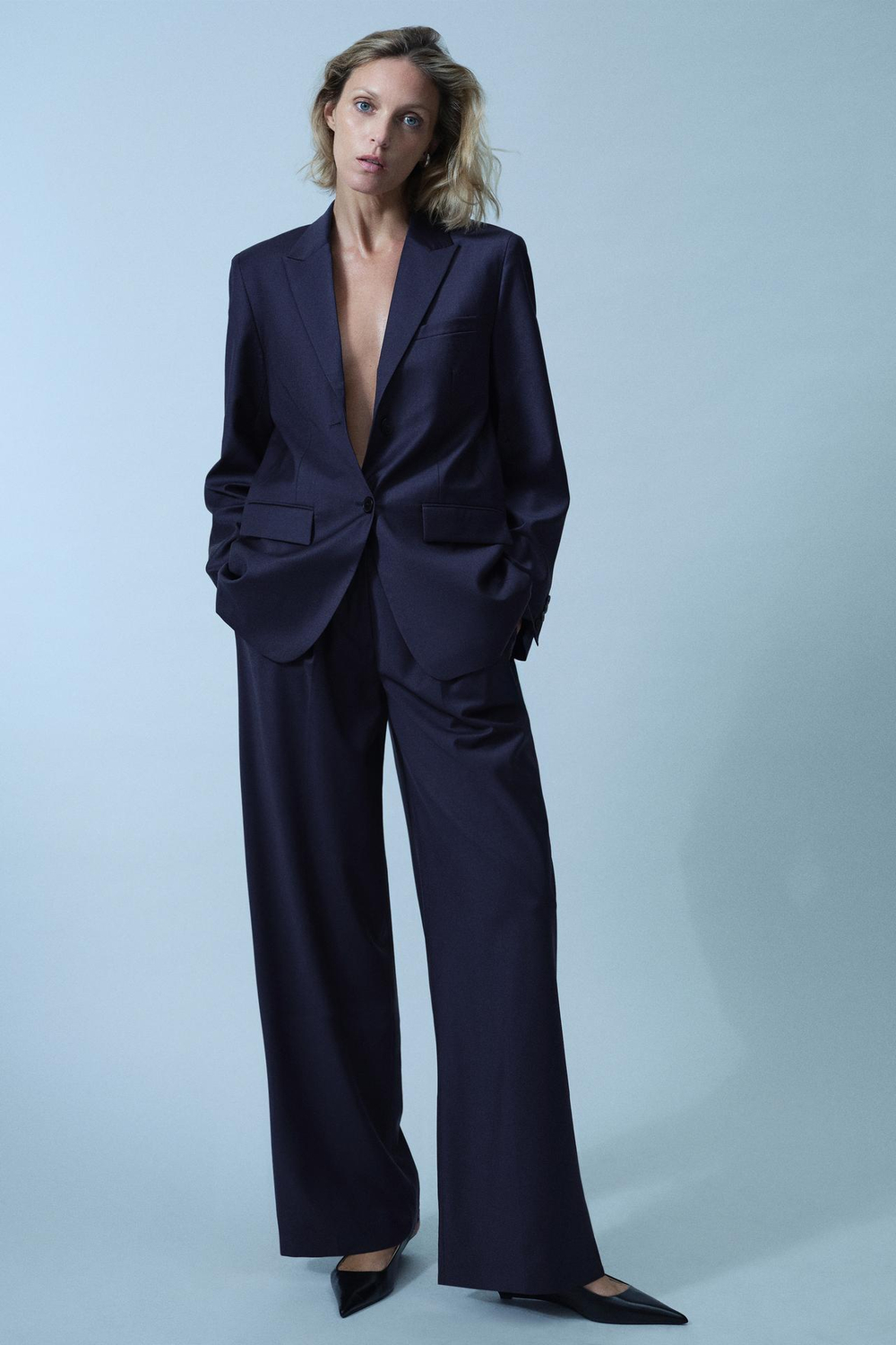 ZARA ПРЯМОЙ БЛЕЙЗЕР ИЗ СМЕСОВОЙ ШЕРСТИ — ZW COLLECTION, МОРСКОЙ СИНИЙ