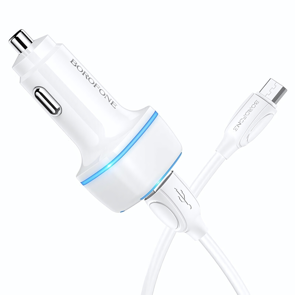 Автомобильное зарядное устройство Borofone BZ14 12W 2.4A 2xUSB + кабель microUSB White