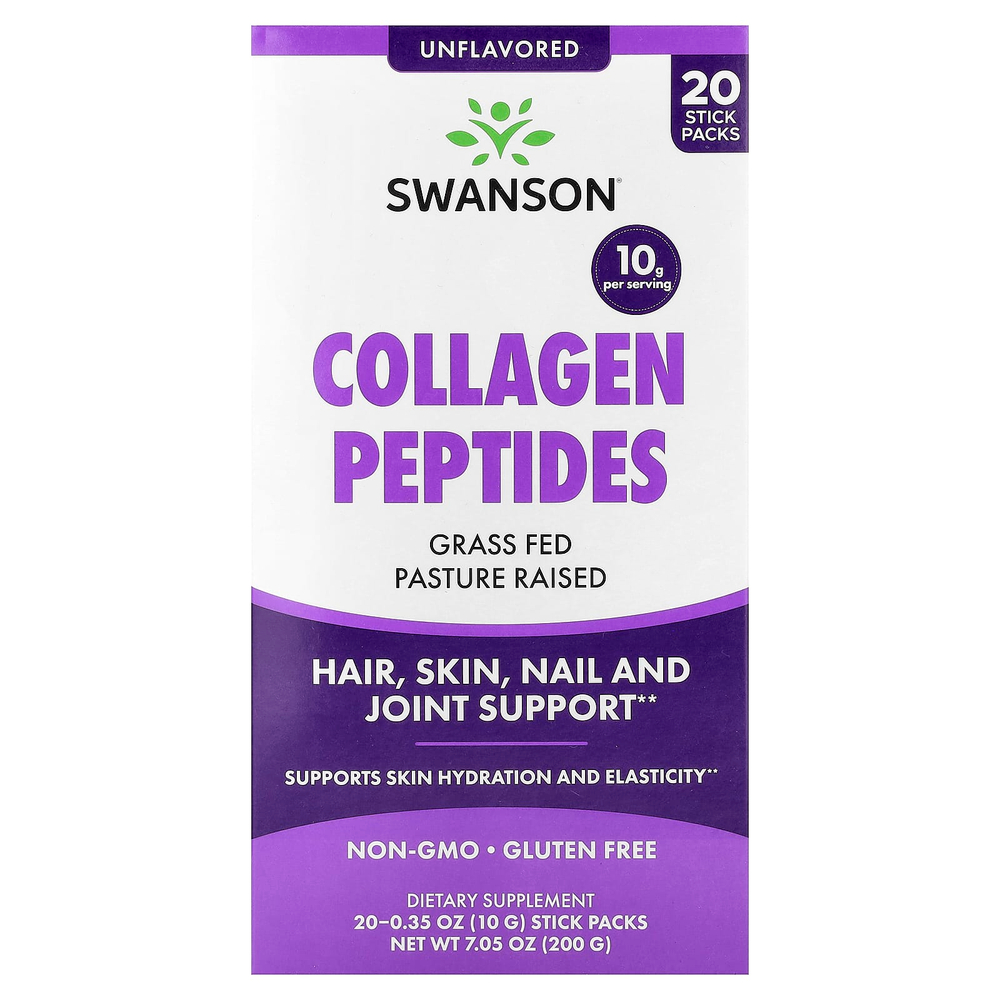 Swanson Vitamins, пептиды коллагена, без добавок, 20 стик-пакетов по 10 г (0,35 унции)