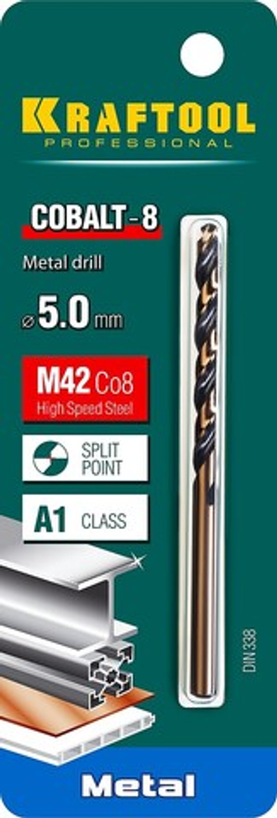 KRAFTOOL COBALT-8, 5.0 х 86 мм, сталь М42, HSS-Co(8%), сверло по металлу (29656-5)