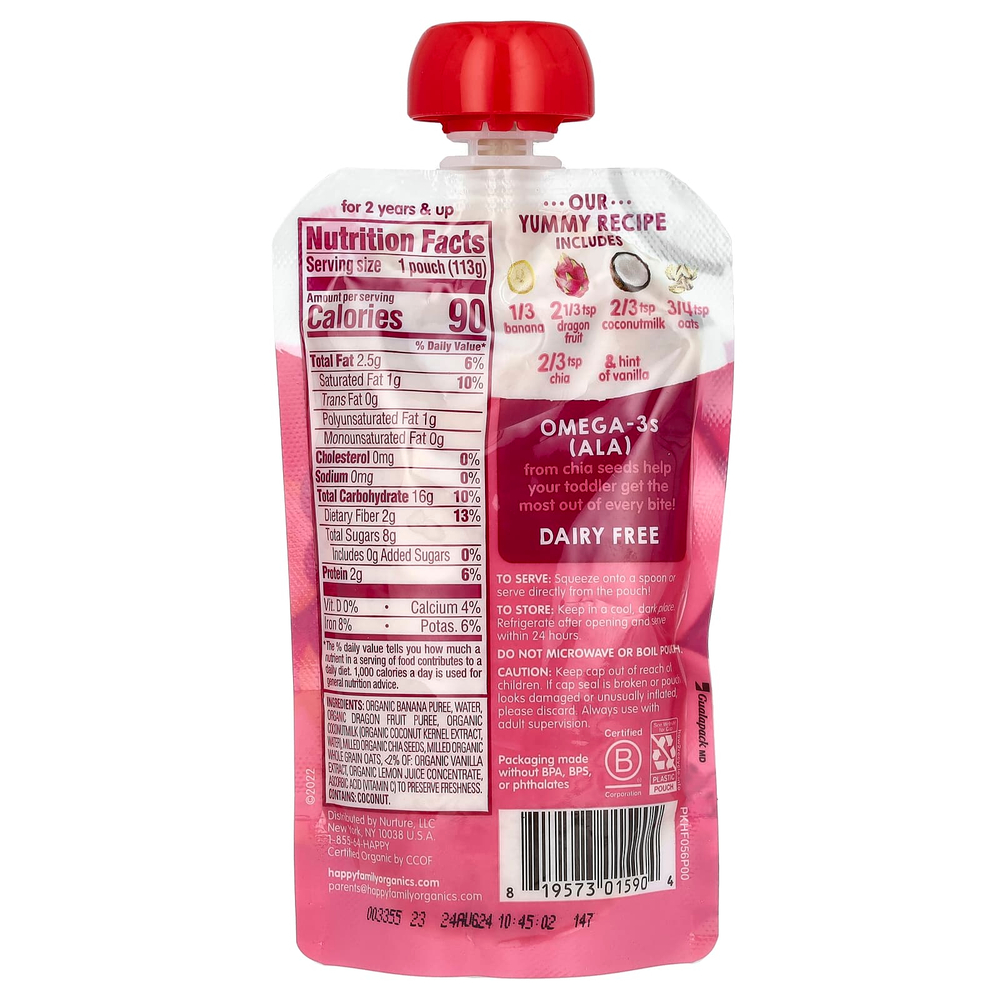 Happy Family Organics, Happy Tot®, Super Morning, без молочных продуктов, для детей от 2 лет, органические бананы, питайя, кокосовое молоко, овес и чиа, 113 г (4 унции)