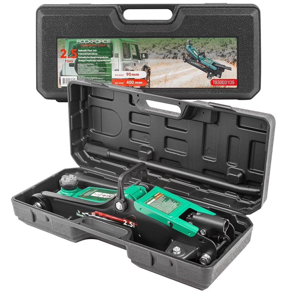 Домкрат подкатной гидравлический 2.5т (h min 90мм, h max 400мм) в кейсе RockForce##Rock FORCE RF-T830031BS(DS)