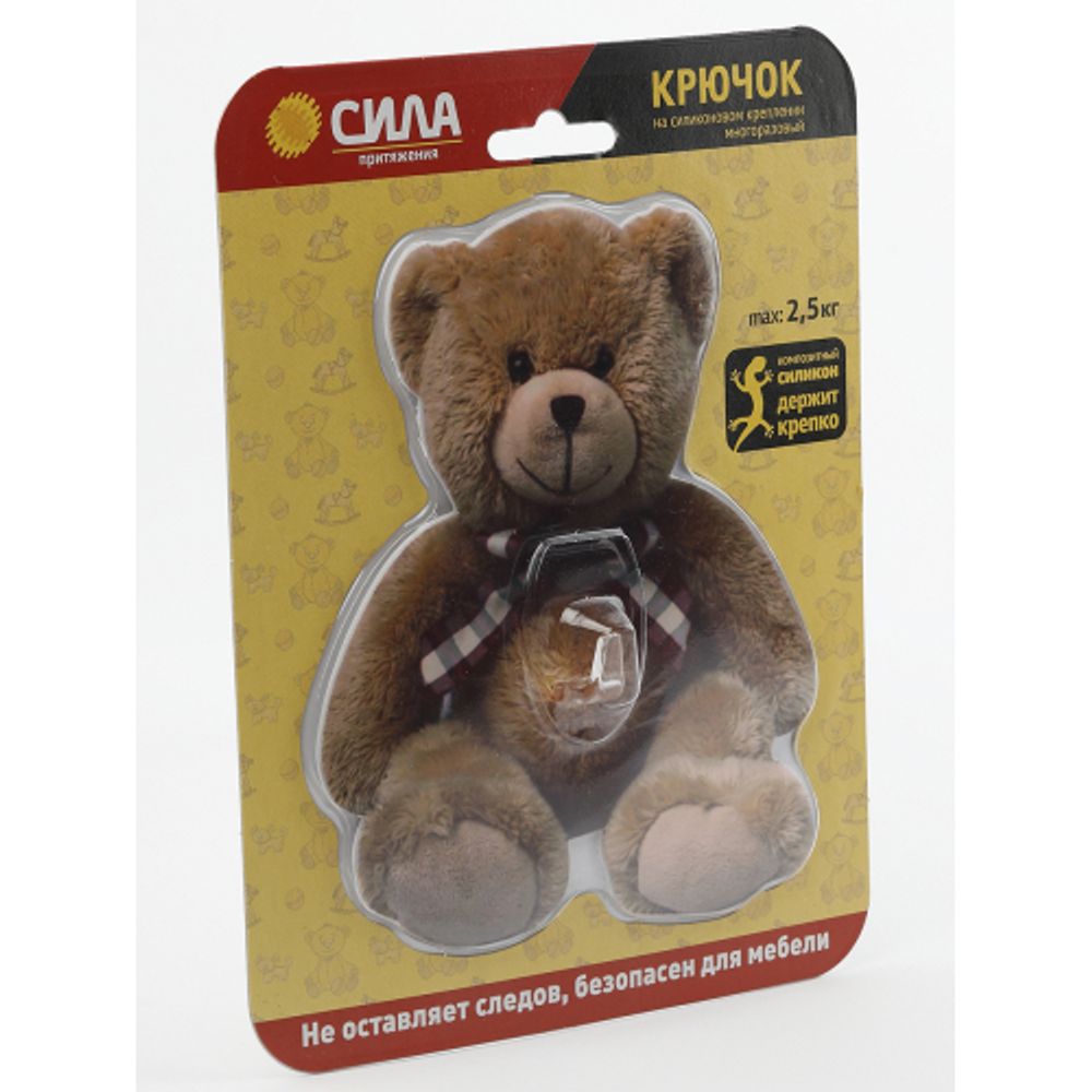 Крючок СИЛА SHT12-S1C-12 на силиконовом креплении Мишка Teddy 12х14.5 см нагрузка до 2,5 кг | Сила