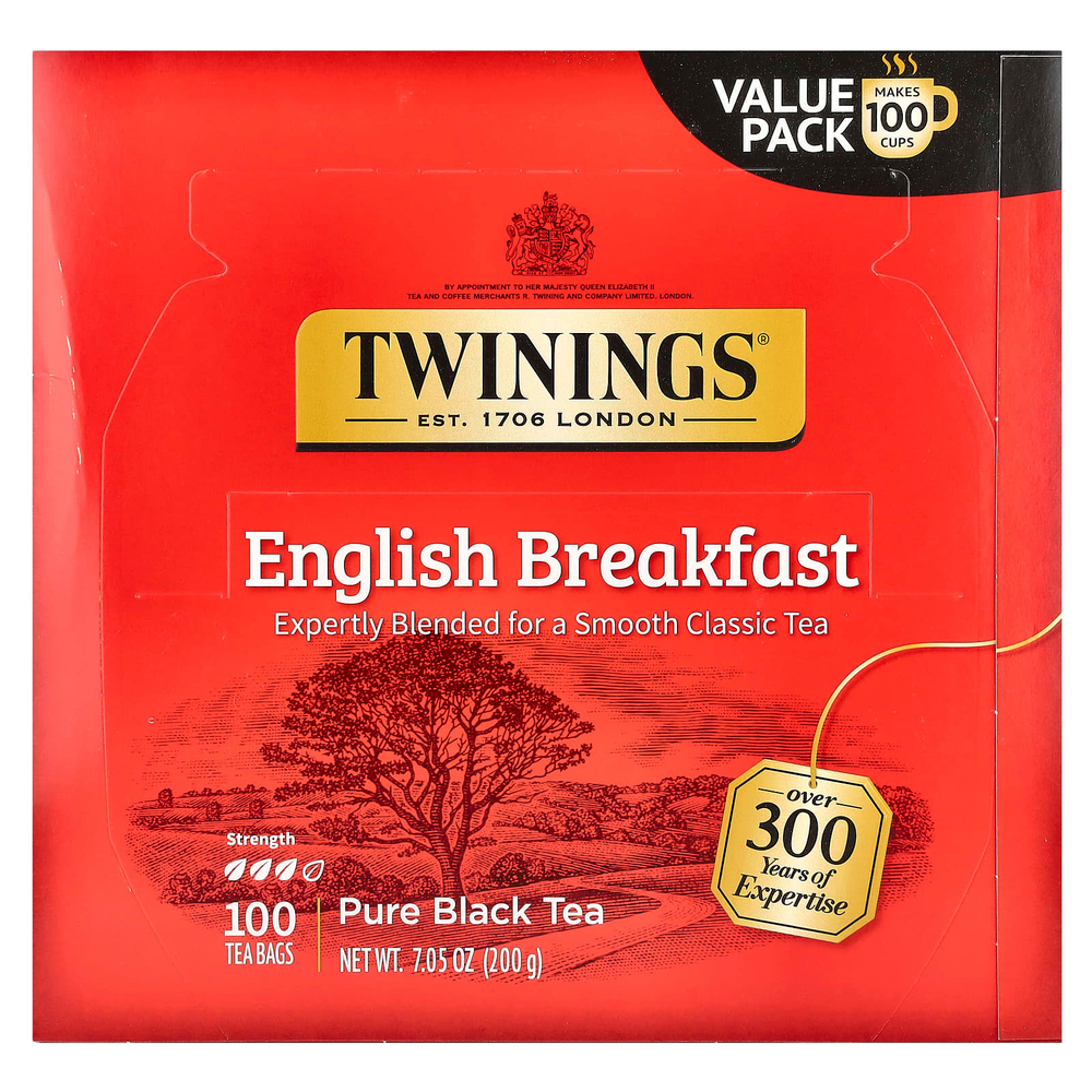Twinings, Чистый черный чай, английский завтрак, 100 чайных пакетиков, 200 г (7,05 унции)