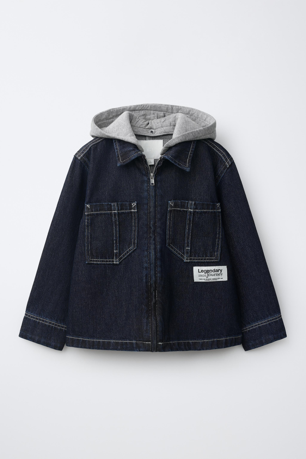 ZARA ДЖИНСОВАЯ КУРТКА-РУБАШКА С ОТСТЕГИВАЮЩИМСЯ КАПЮШОНОМ, ИНДИГО