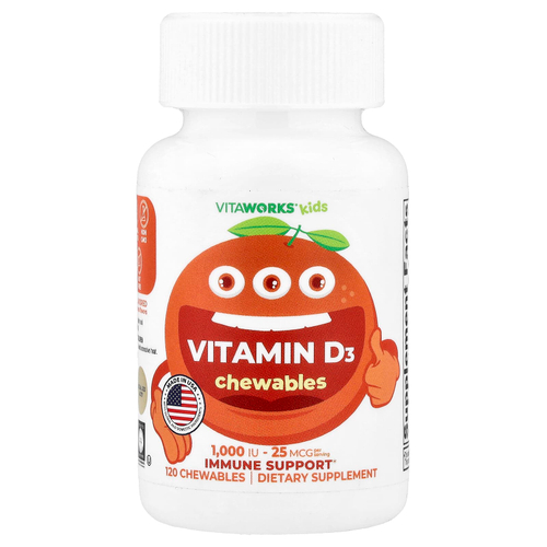 VitaWorks, для детей, жевательный витамин D3, со вкусом апельсина, 120 жевательных таблеток (12,5 мкг в 1 жевательной таблетке)