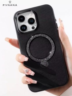 Чехол PYNANA для iPhone 15 PRO кожа, австрийский хрусталь, полуночно-черный