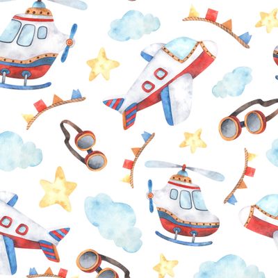 Seamless pattern on the theme of air transport with an airplane, a helicopter, clouds, stars, a garland with flags and flying glasses in blue, yellow, red-orange colors