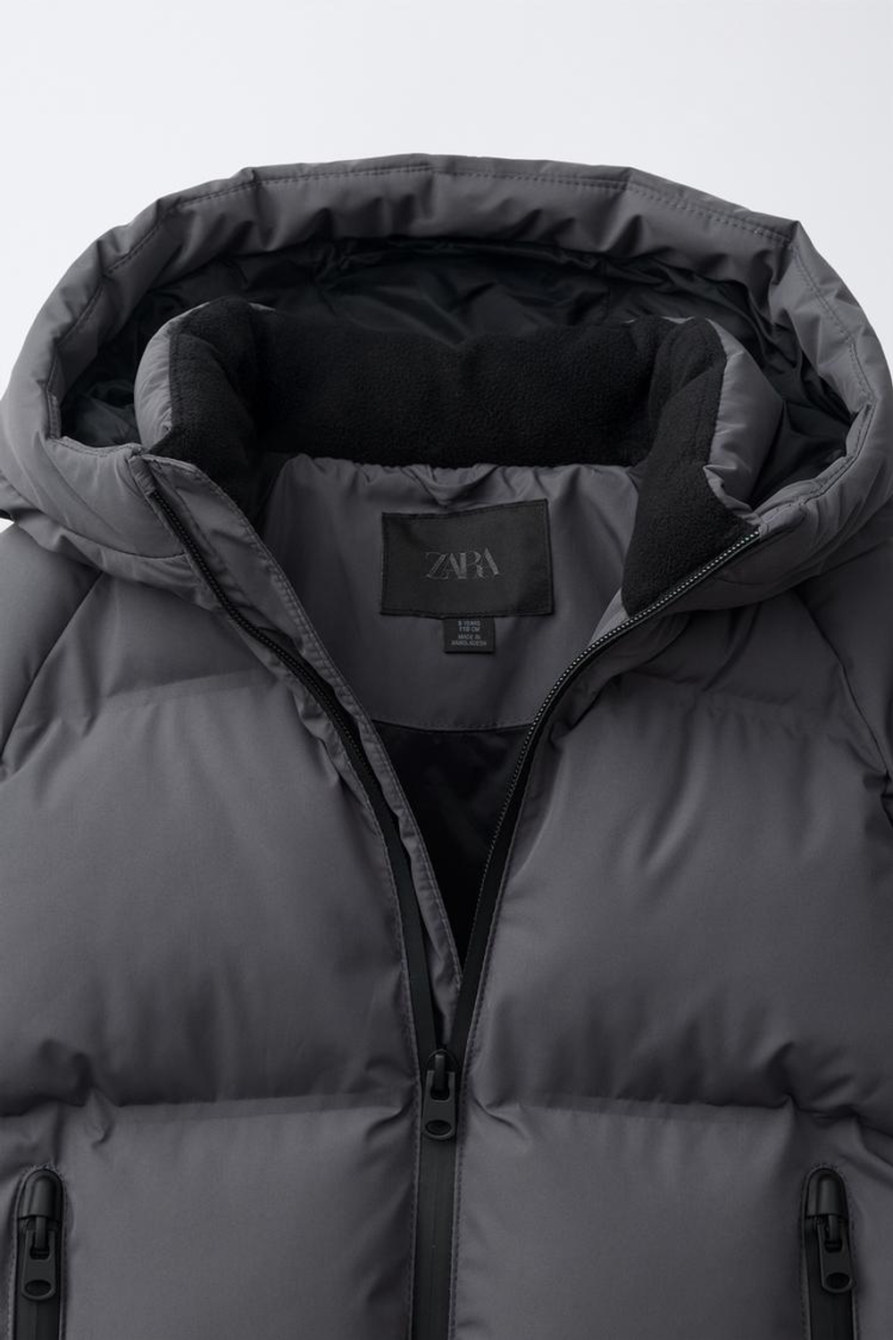 ZARA СТЕГАНОЕ ПАЛЬТО WATER REPELLENT С КАПЮШОНОМ, АНТРАЦИТОВО-СЕРЫЙ