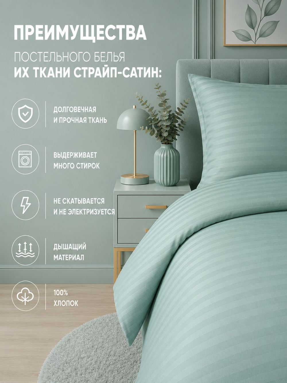Пододеяльник 150х210 1,5-спальный Страйп-Сатин Хлопок Полоски на зеленом