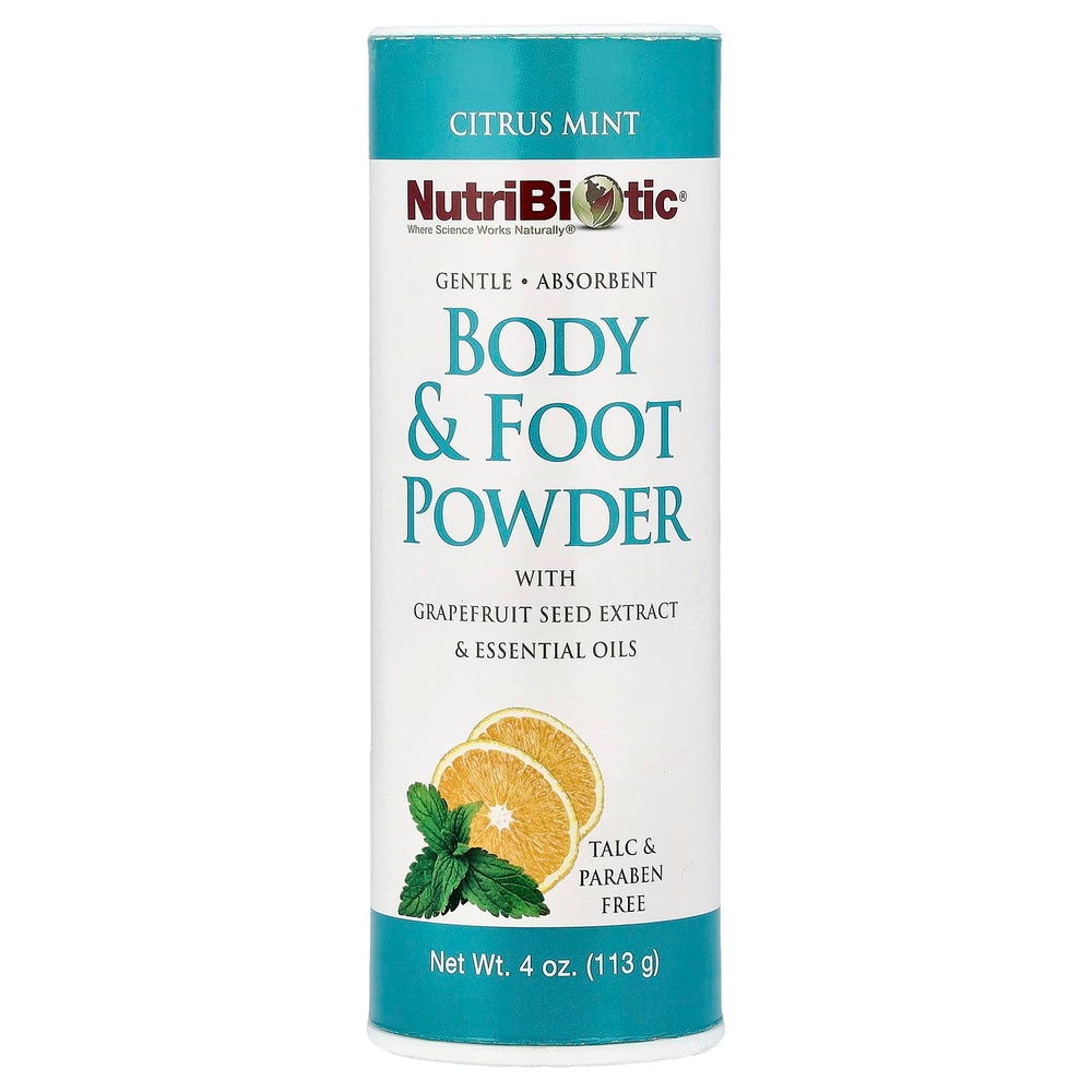 NutriBiotic, Пудра для тела и ног с экстрактом косточек грейпфрута и эфирными маслами, цитрусовая и мята, 113 г (4 унции)