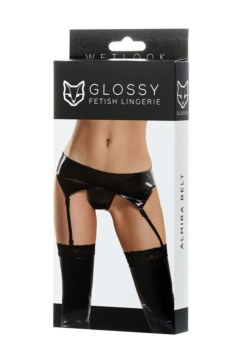 Glossy ALMIRA - Комплект из материала Wetlook (пояс с пажами для чулок и трусики), черный, M