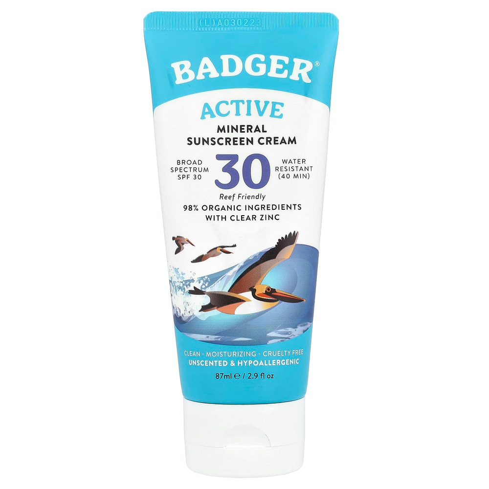 Badger, Active, минеральный крем от загара, SPF 30, без запаха, 87 мл (2,9 жидк. унции)