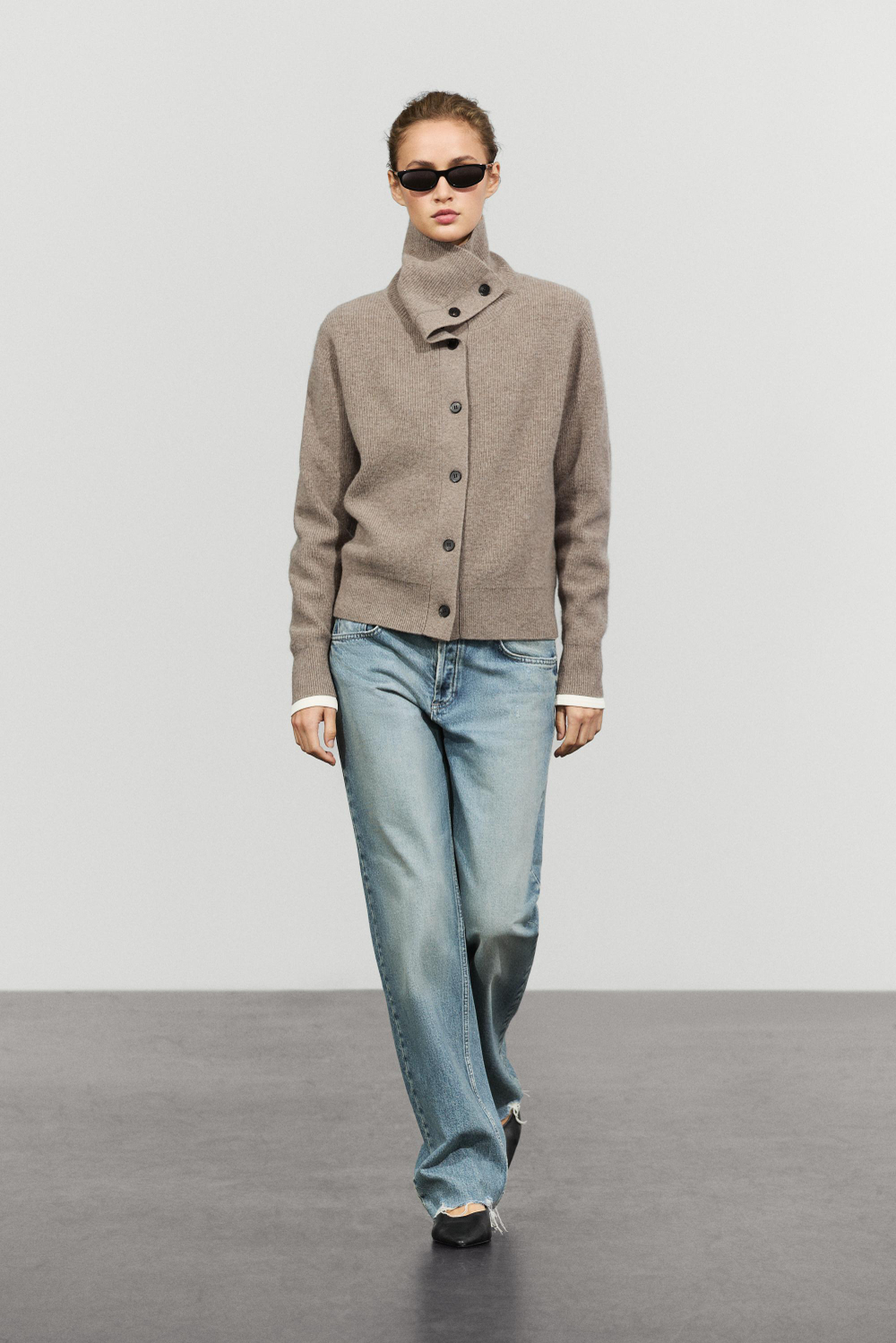 Massimo Dutti Кардиган из двухизнаночного трикотажа с воротником-трубой, кротово-коричневый