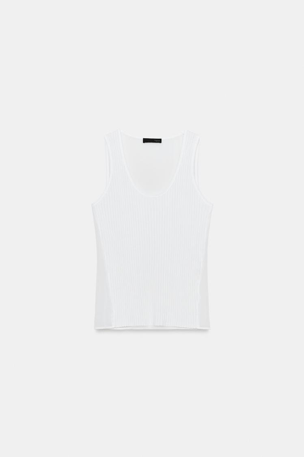 ZARA КОМБИНИРОВАННЫЙ ПОЛУПРОЗРАЧНЫЙ ТРИКОТАЖНЫЙ ТОП, БЕЛЫЙ