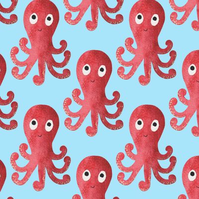 Осьминожки. Watercolor seamless pattern with red cute cartoon octopuses