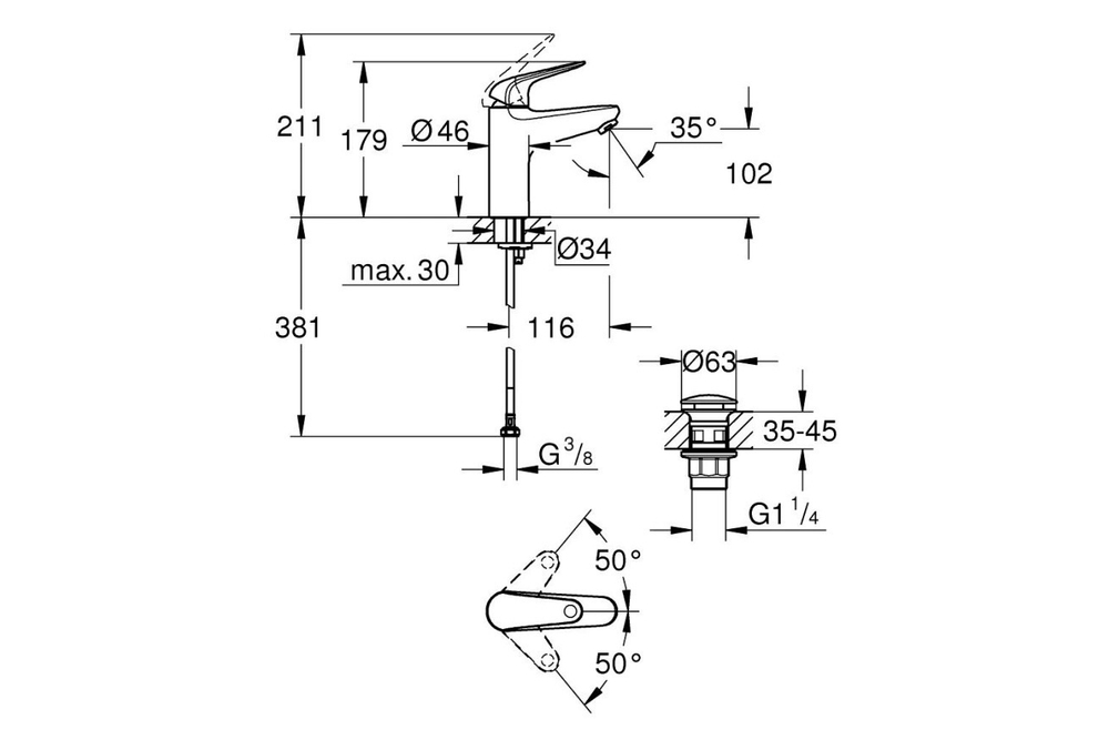 Смеситель для раковины GROHE Swift, однорычажный, 1/2″ размер M, хром (24329001)
