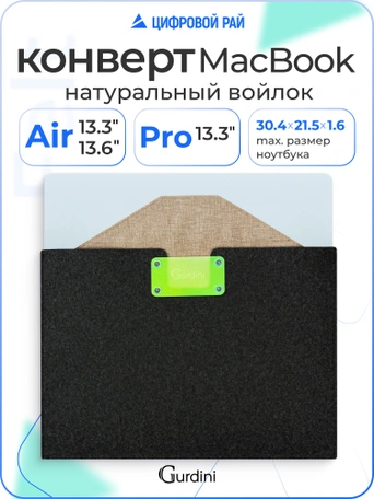Конверт Gurdini Felt Envelope for Macbook Air 13.3 / 13.6 / Pro 13 / Neo Серый