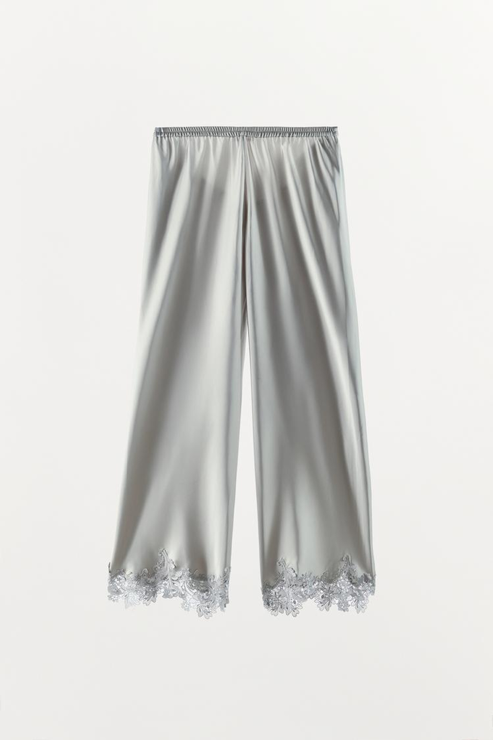 ZARA АТЛАСНЫЕ БРЮКИ С КРУЖЕВОМ ПО НИЗУ, СЕРЫЙ