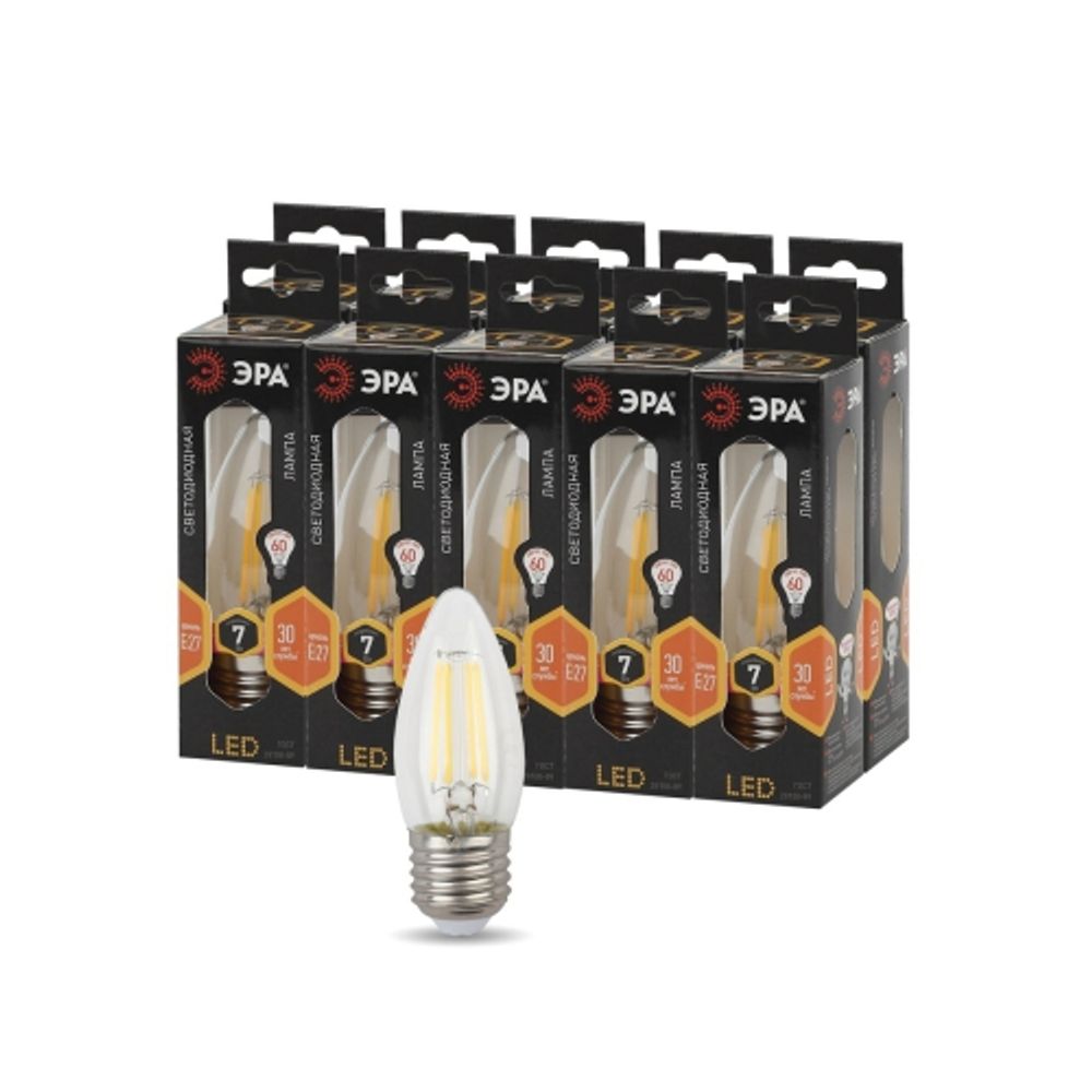 Лампа светодиодная ЭРА F-LED B35-7W-827-E27 7Вт филамент свеча теплый белый свет Е27 | Филаментные декоративные