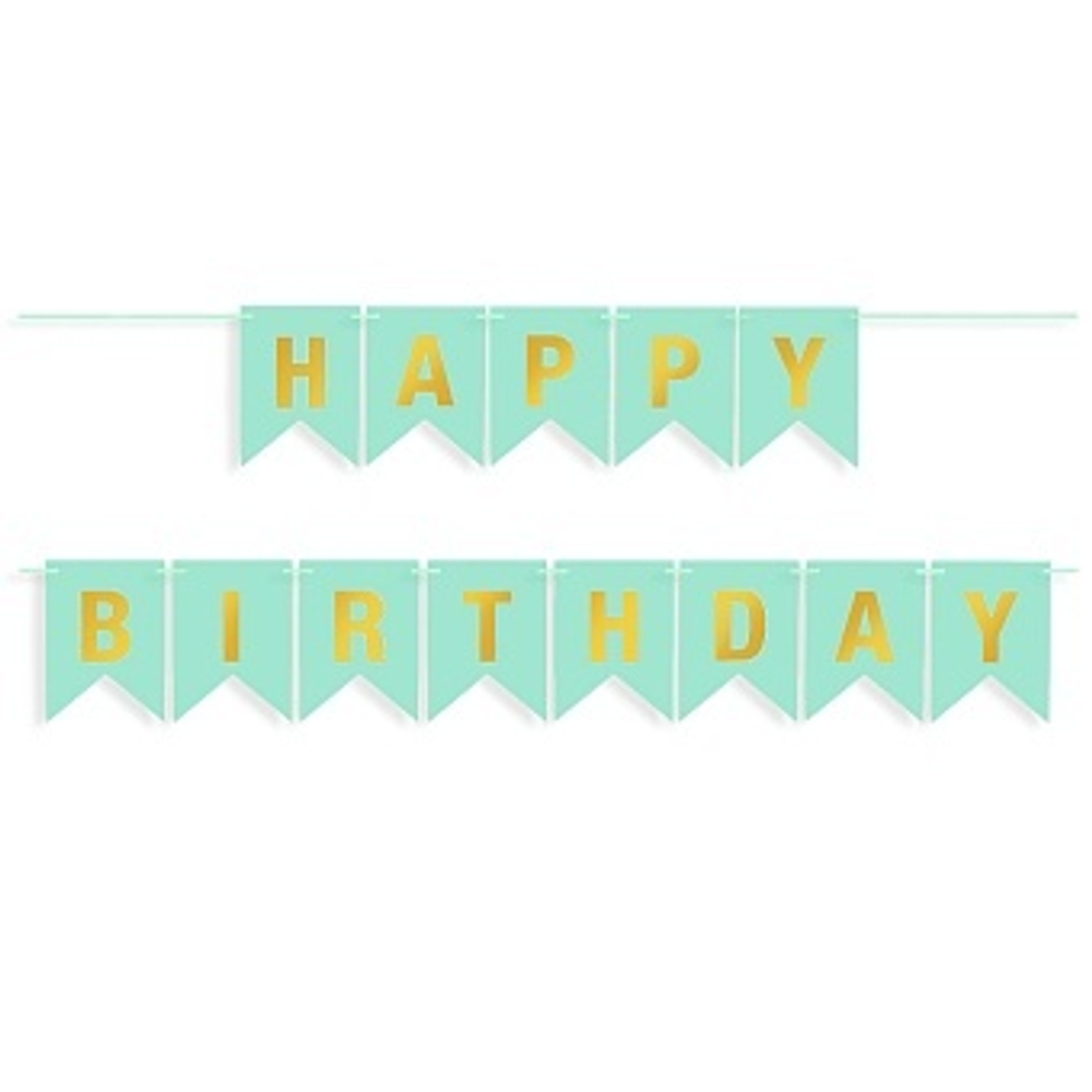 Гирлянда Флажки, Happy Birthday, Тиффани/Золото, Металлик, 500 см, 16*12 см.