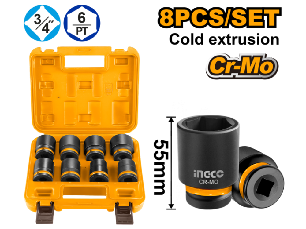 Набор ударных торцевых головок INGCO HKISSD34081 INDUSTRIAL 3/4" 8 шт.
